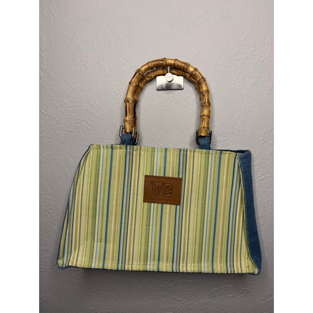 WN Zag Bag Bamboo Handle Striped Denim Handbag